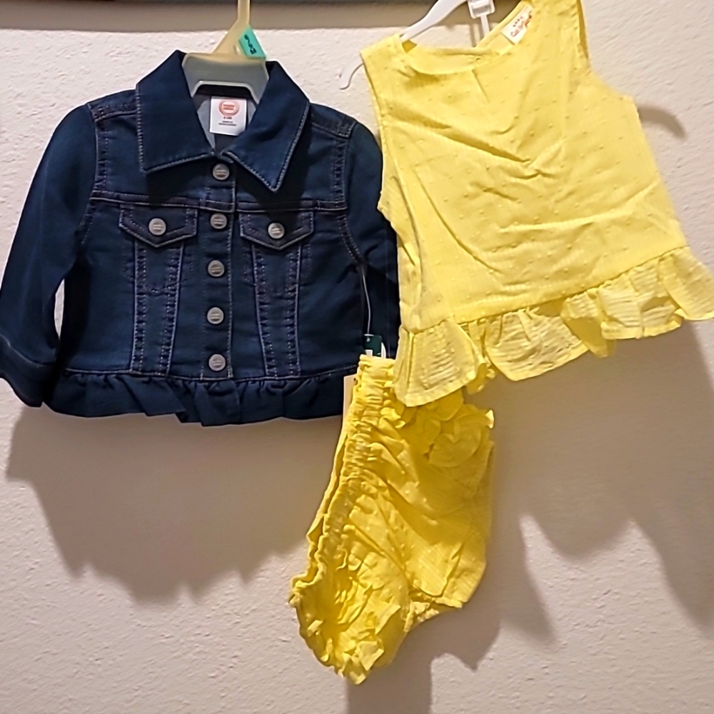 6-9 month bundle- Jean ruffle jacket and yellow 2piece outfit